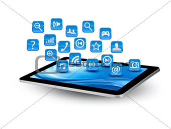 Blue application icons in a tablet. Vector. 