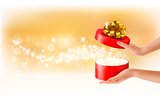 Woman holding a red gift box on holiday background, Vector