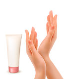 Beautiful female hands with tube of cream. Vector. 