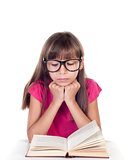 little girl with books wearing glasses