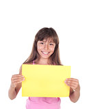Smiling little girl holding empty yellow  board