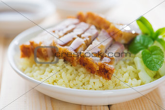 Chinese crispy roasted belly pork rice.
