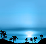 Sunset vector background with sea and palm trees.