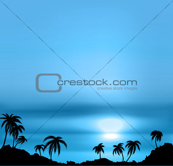 Sunset vector background with sea and palm trees.
