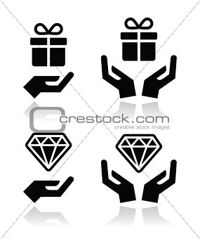 Hands with present and diamond icons set