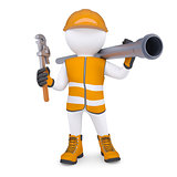3d man in overalls with screwdriver and sewer pipe