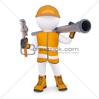 3d man in overalls with screwdriver and sewer pipe