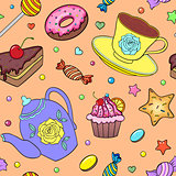 seamless pattern with sweets, teapot and cup