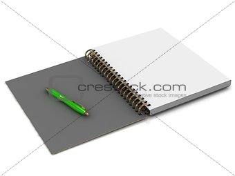 Notebook with a spiral and a green pen