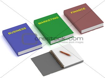 Notebook and three books on the economy 
