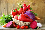 assorted different red vegetable (tomato, pepper, chili, carrots, beets, cabbage, radishes)