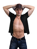 sexy man in a cowboy hat isolated on white