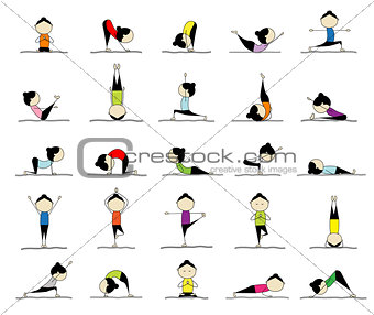 Woman practicing yoga, 25 poses for your design