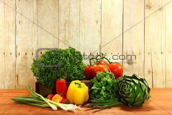 Grocery Produce Items on a Wooden Plank