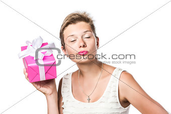 Brunette pretty girl with gift