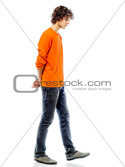 young man walking sad bore side view