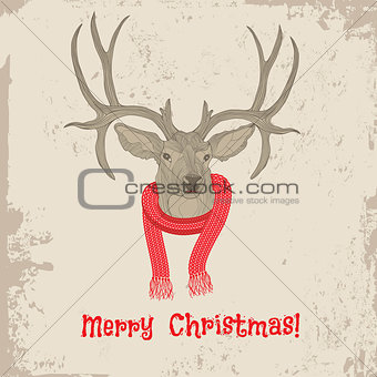 Deer head vintage Christmas card