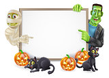 Halloween Sign with Mummy and Frankenstein