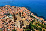 Aerial view of village and cathedral in Cefalu, Sicily