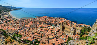 Panoramic view of village Cefalu and ocean, Sicily