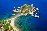 Aerial view of Isola Bella beach in Taormina, Sicily