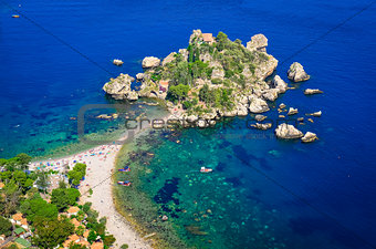 Aerial view of Isola Bella beach in Taormina, Sicily