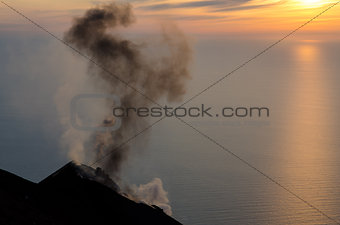 Smoking volcano on Stromboli island, Lipari, Sicily