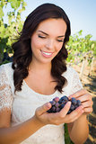 Young Adult Woman Enjoying The Wine Grapes in The Vineyard