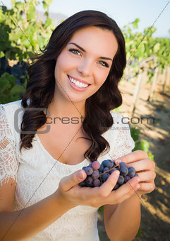 Young Adult Woman Enjoying The Wine Grapes in The Vineyard