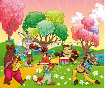 Musician animals in a fantasy landscape.
