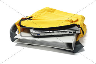 Laptop And File In Yellow Backpack 