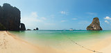 Panorama of tropical beach with rocks. Thailand, Krabi, Railay