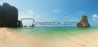 Panorama of tropical beach with rocks. Thailand, Krabi, Railay