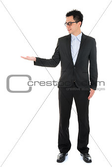 Asian business man hand showing blank empty space