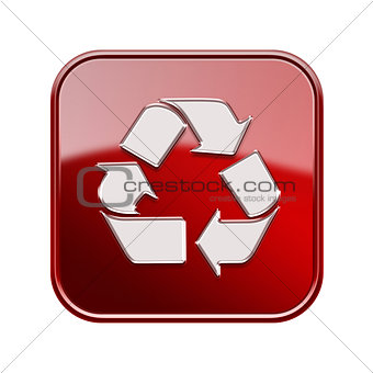 Recycling symbol glossy icon red, isolated on white background