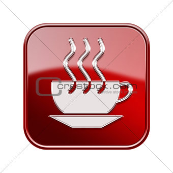 Coffee cup icon glossy red, isolated on white background