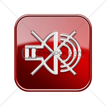 Speaker off icon glossy red, isolated on white background