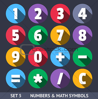 Numbers and Mathematical Symbols. Vector Icons With Long Shadow Set 5