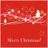 Modern vector Christmas card with wishes. Classic illustration with red background, white, pink and yellow trees and stars & Merry Christmas message