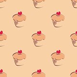 Seamless vector pattern or texture with cupcakes, muffins, sweet cake and red heart on top.Background with sweets