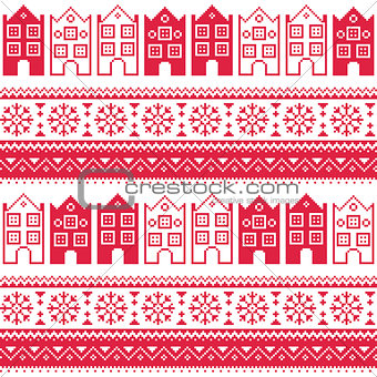 Christmas knitted seamless pattern with town houses, adn snowflakes