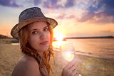 People collection: beautiful lady in hat with glass of wine on t