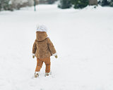 Baby walking in winter park . rear view
