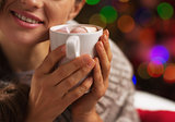 Closeup on young woman with cup of hot chocolate with marshmallo