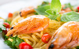 Pasta with shrimps close-up