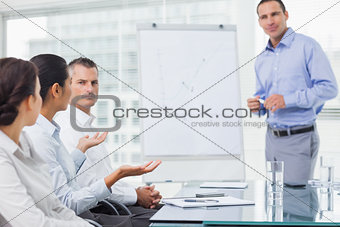 Businesswoman asking question during presentation