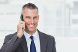 Cheerful businessman looking at camera while having a phone call