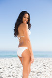 Cheerful attractive dark haired woman posing in white bikini