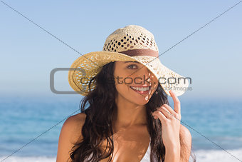 Attractive dark haired woman with straw hat posing