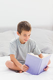 Little boy sitting on bed reading book
